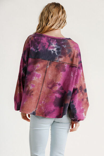 Umgee Full Size Tie Dye Round Neck Long Balloon Sleeve Top Plus Size