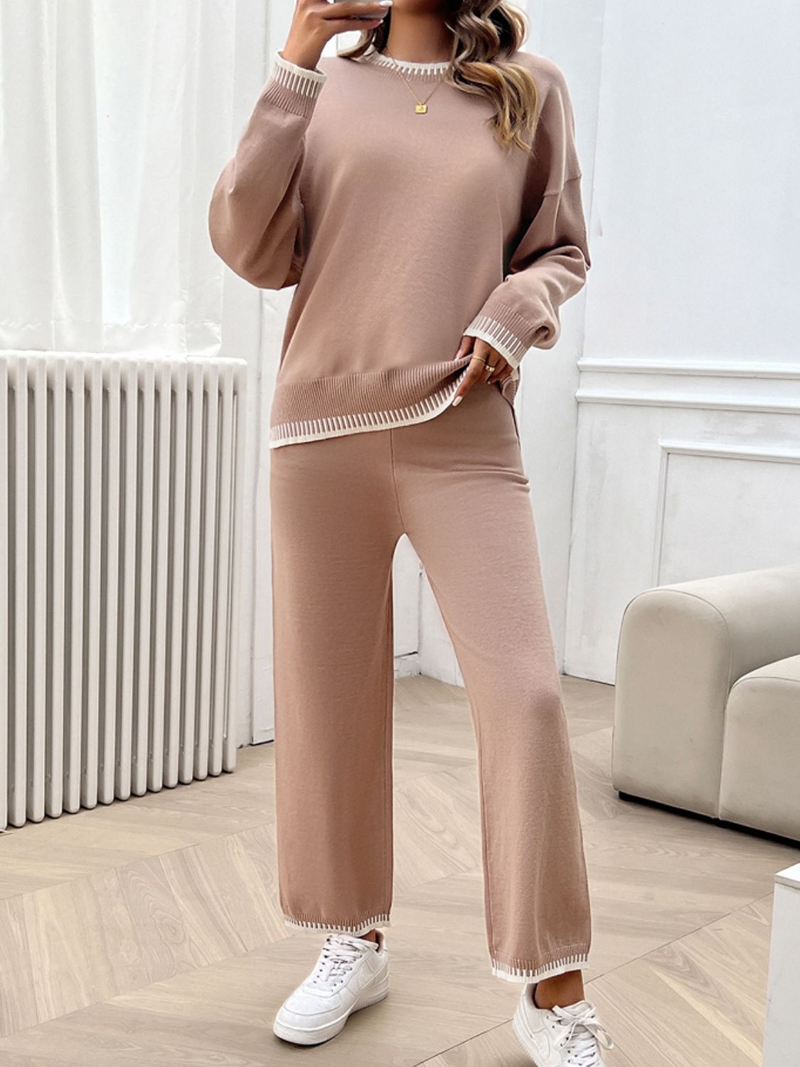 Devine Round Neck Dropped Shoulder Top and Pants Sweater Set Pale Blush