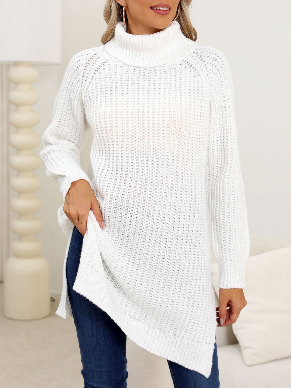 Slit Turtleneck Long Sleeve Sweater White