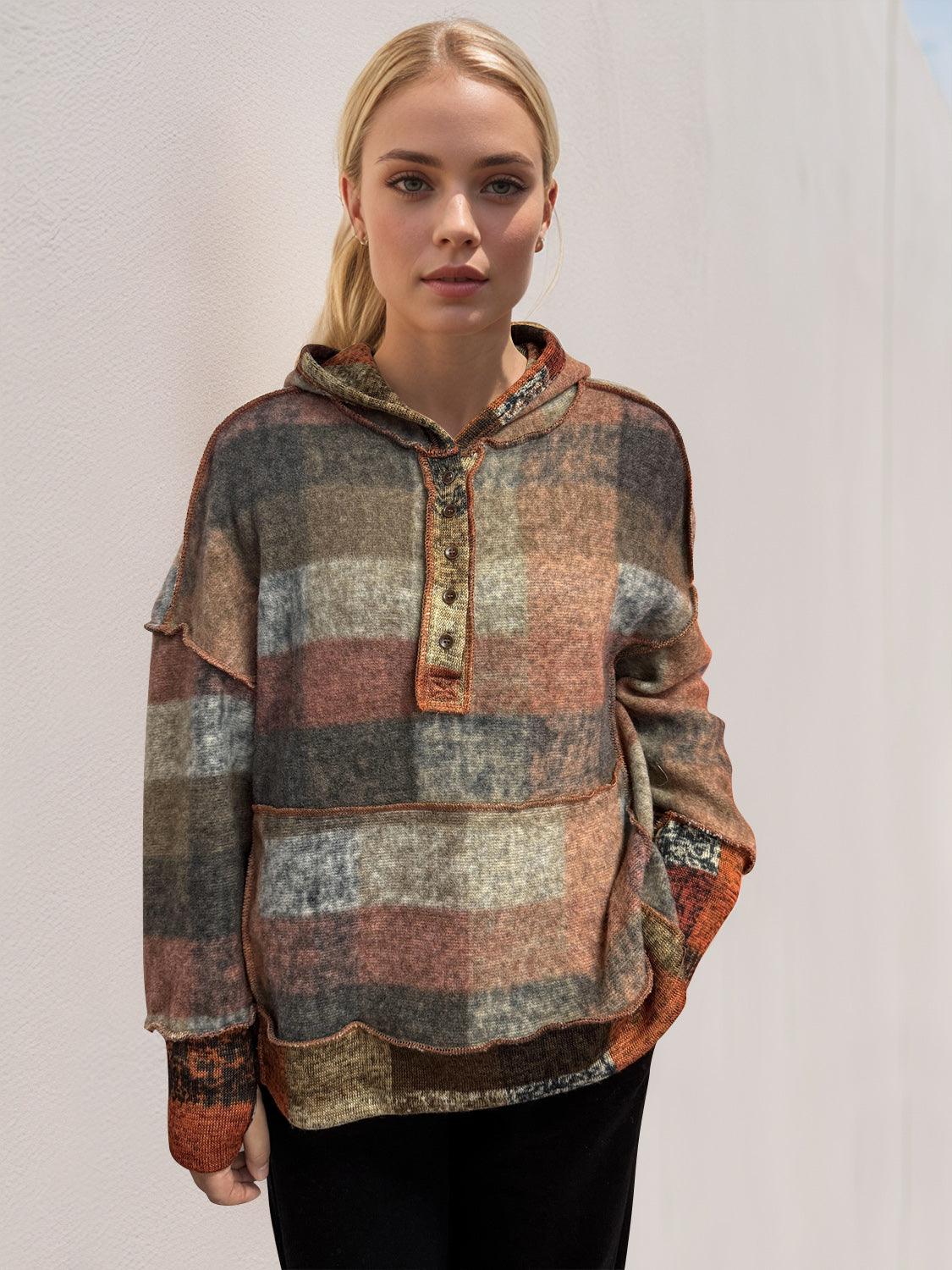 Double Take Full Size Plaid Dropped Shoulder Hoodie Tangerine