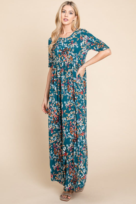 BOMBOM Printed Shirred Maxi Dress Teal