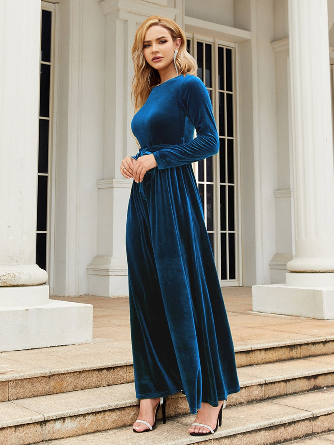 Tie Front Round Neck Long Sleeve Maxi Dress Indigo