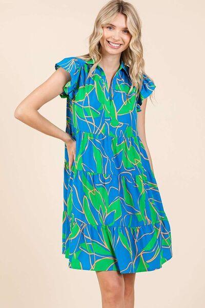 Mittoshop Leaf Print Ruffle Sleeve Tiered Mini Dress Blue