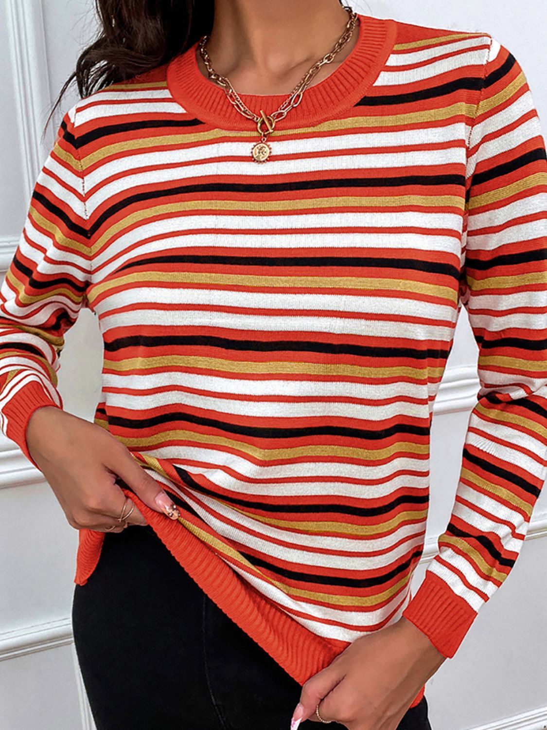 Shiny Striped Round Neck Long Sleeve Sweater