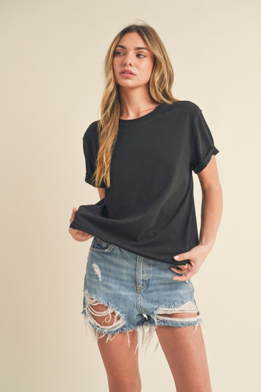 Aemi + Co Exposed Seam Round Neck Short Sleeve T-Shirt Black