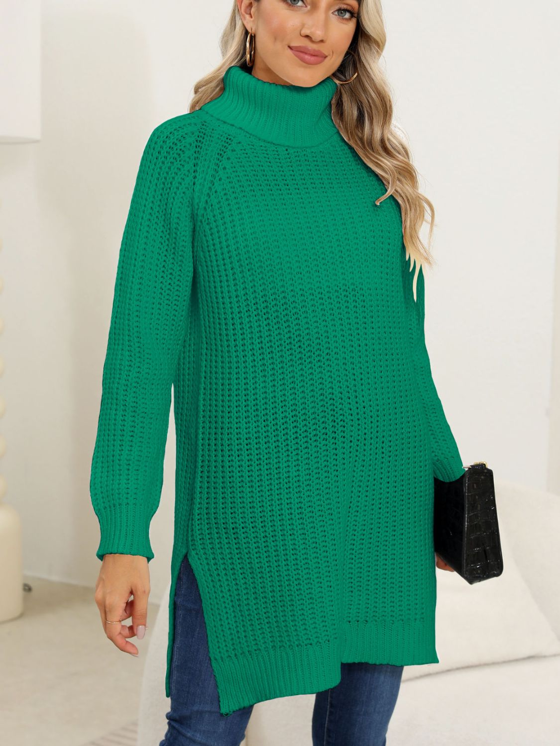 Slit Turtleneck Long Sleeve Sweater Dark Green