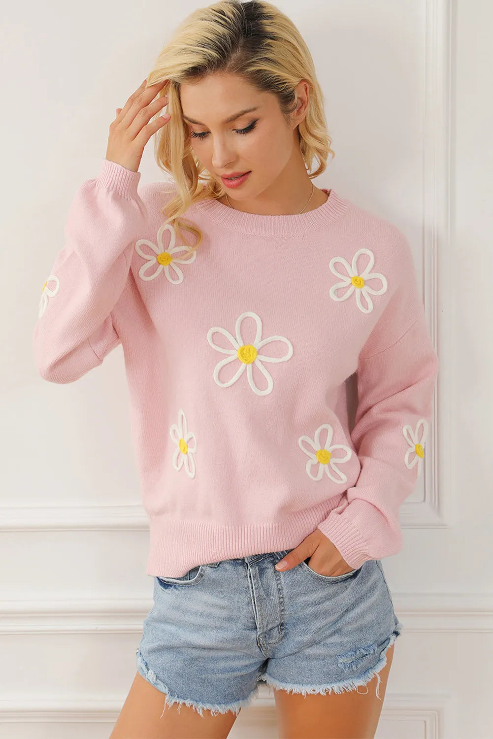 Flower Round Neck Dropped Shoulder Sweater