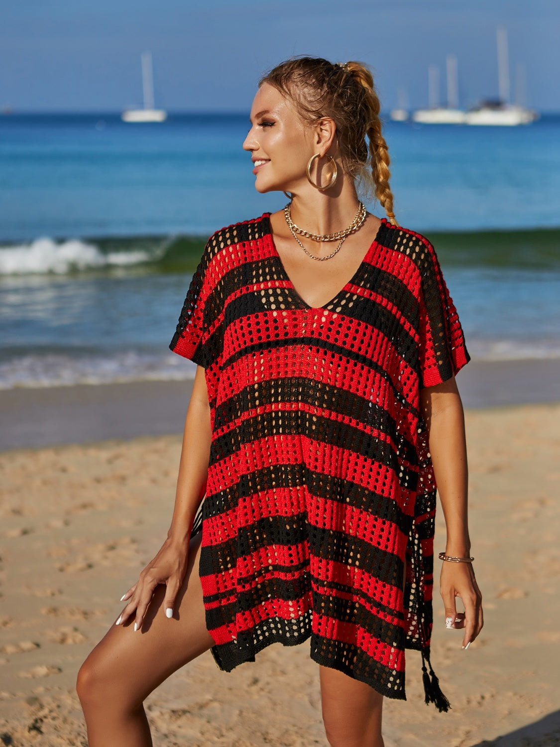 Tassel Openwork Striped V-Neck Cover Ups