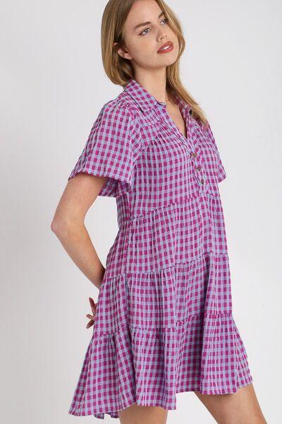 Umgee Full Size Gingham Tiered Button Detail Short Sleeve Dress Plus Size