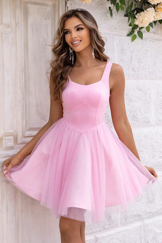 Wide Strap Mesh Dress Front Pink