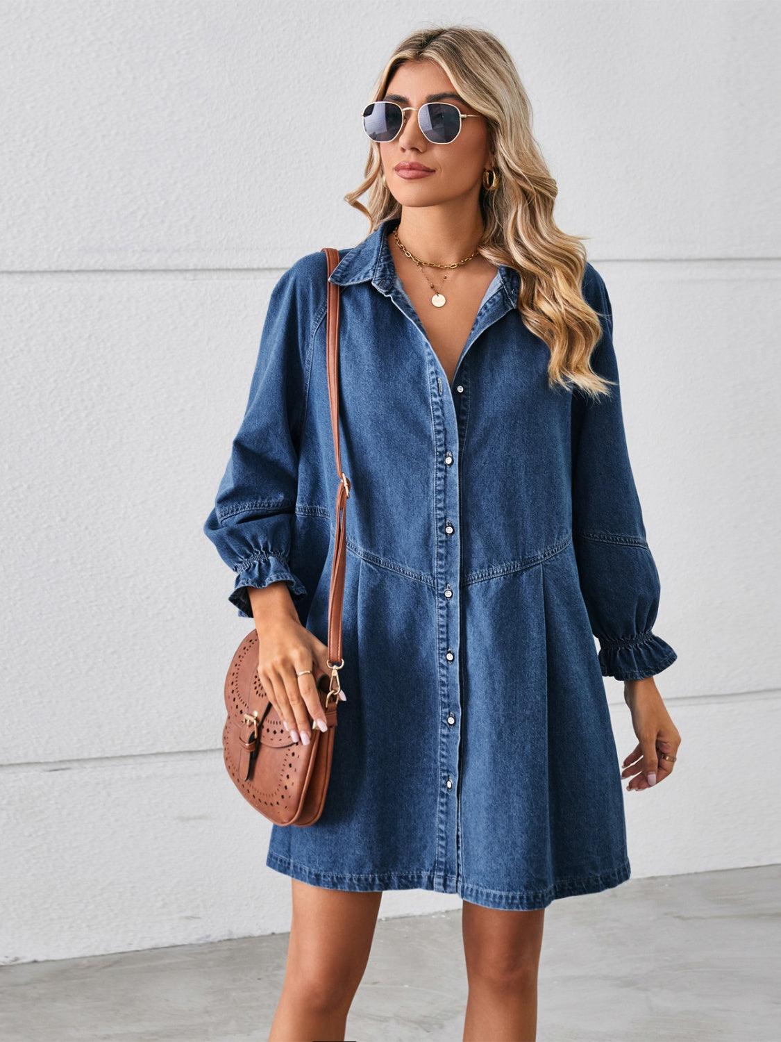 Button Up Flounce Sleeve Mini Denim Dress Dark Blue