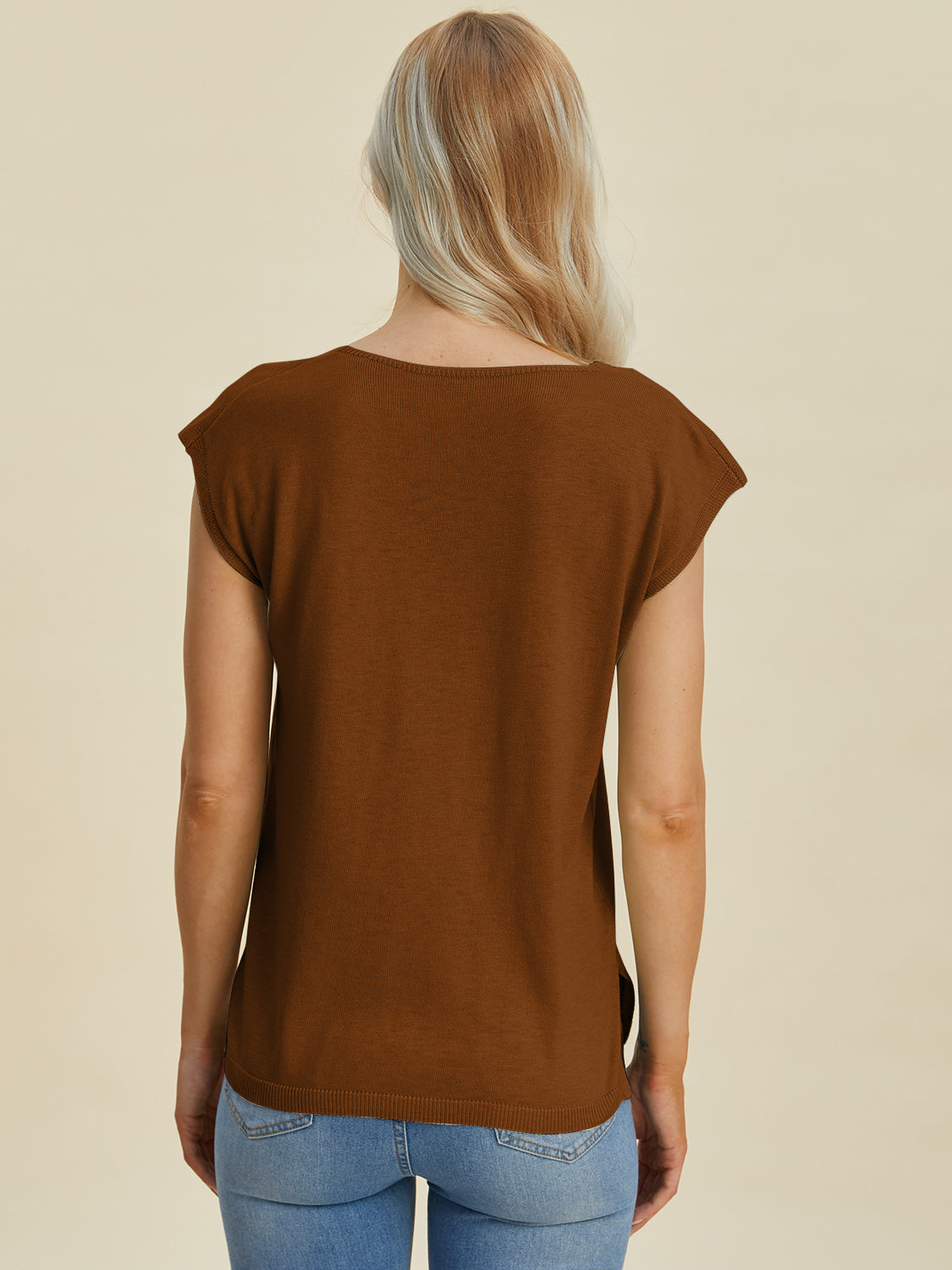 Double Take Full Size Notched Cap Sleeve Knit Top