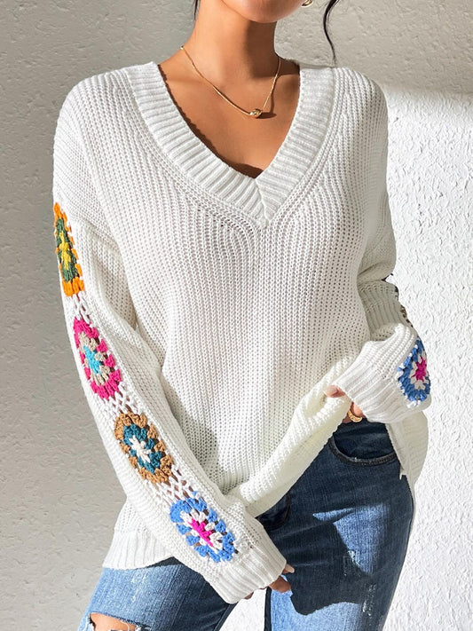 Crochet Flower V-Neck Sweater