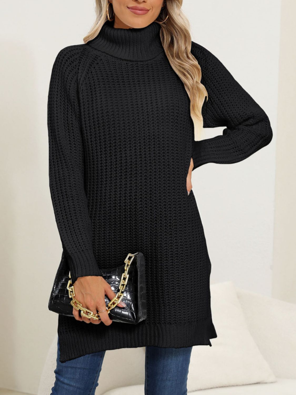 Slit Turtleneck Long Sleeve Sweater Black