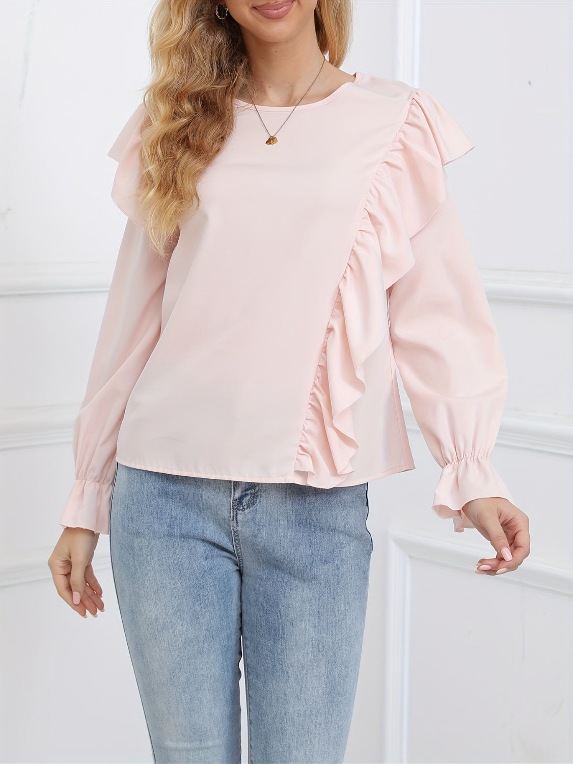 Ruffled Round Neck Long Sleeve Blouse