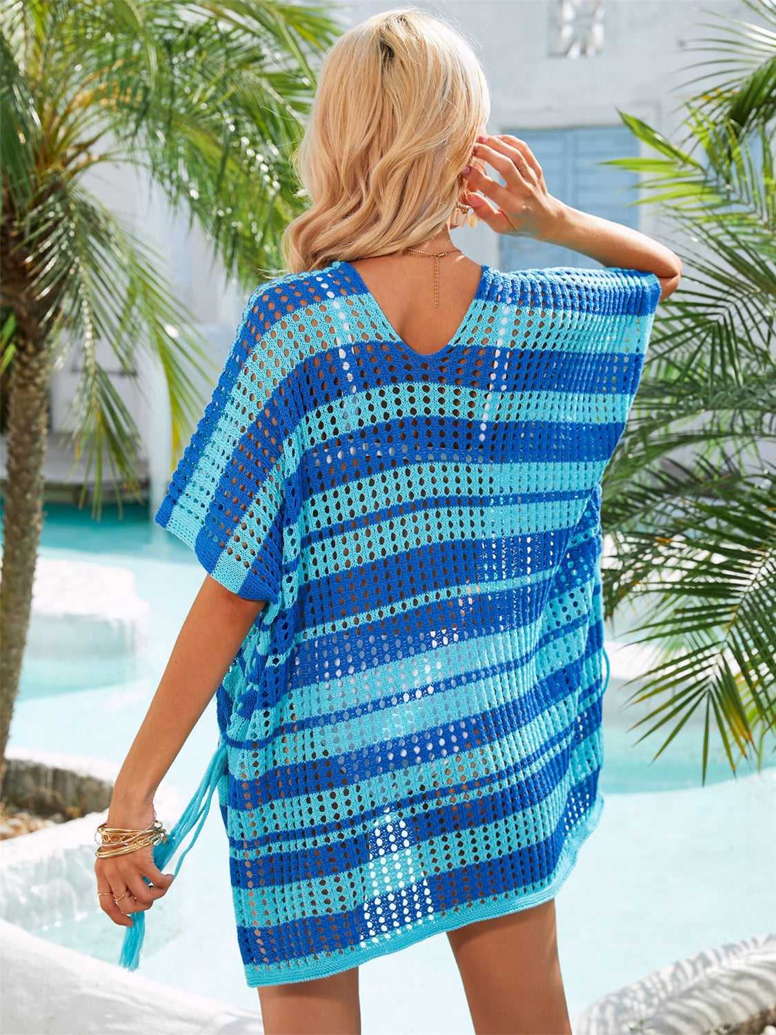 Tassel Openwork Striped V-Neck Cover Ups