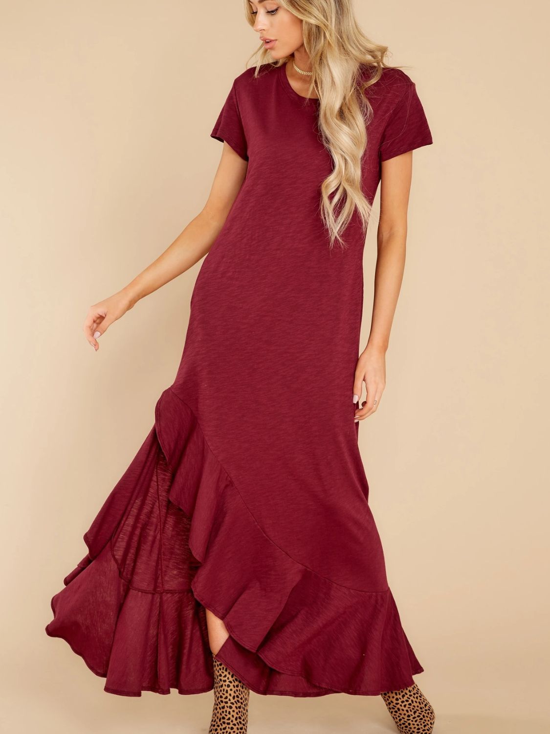 Slit Round Neck Short Sleeve Maxi Dress