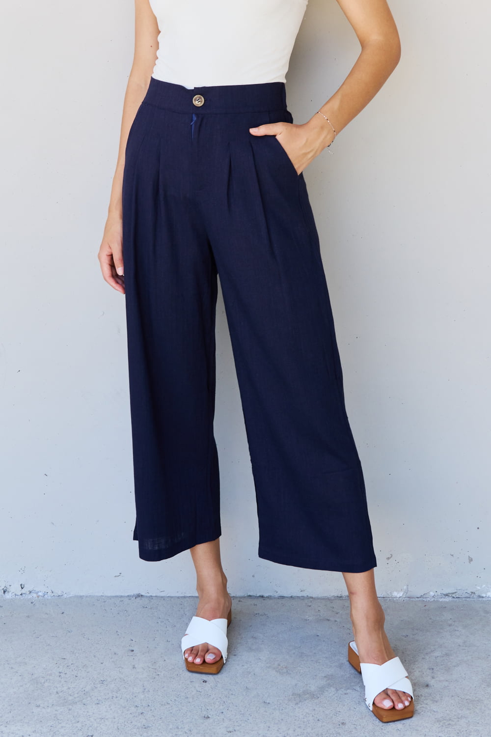 And The Why In The Mix Full Size Pleated Detail Linen Pants in Dark Navy Dark Blue