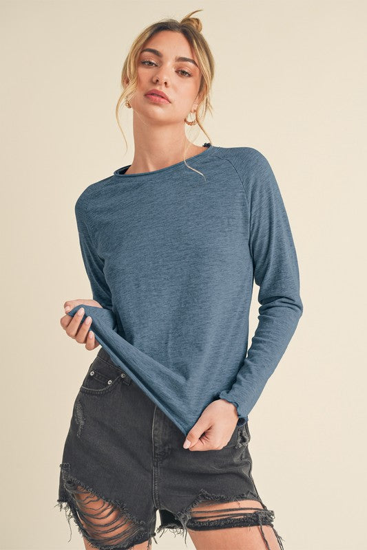 Aemi + Co Lettuce Hemline Round Neck Raglan Sleeve T-Shirt French Blue