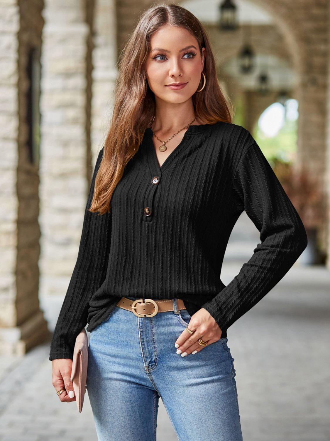 Mandy Notched Long Sleeve T-Shirt