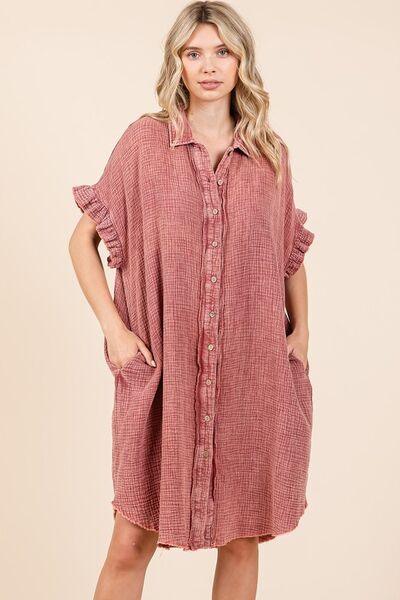 Mittoshop Mineral Wash Cotton Gauze Mini Shirt Dress Rust