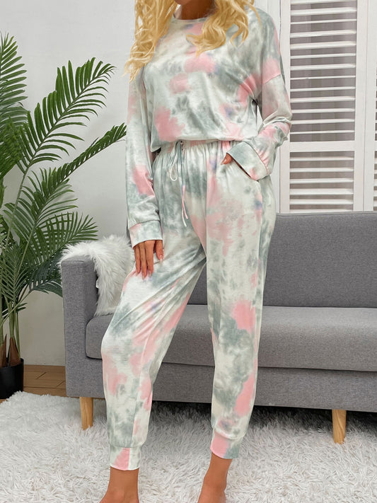 Tie-Dye Round Neck Top and Drawstring Pants Lounge Set Gray