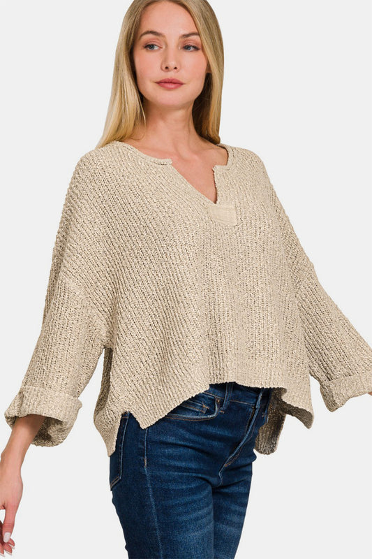 Zenana Notched Side Slit Patch Sweater