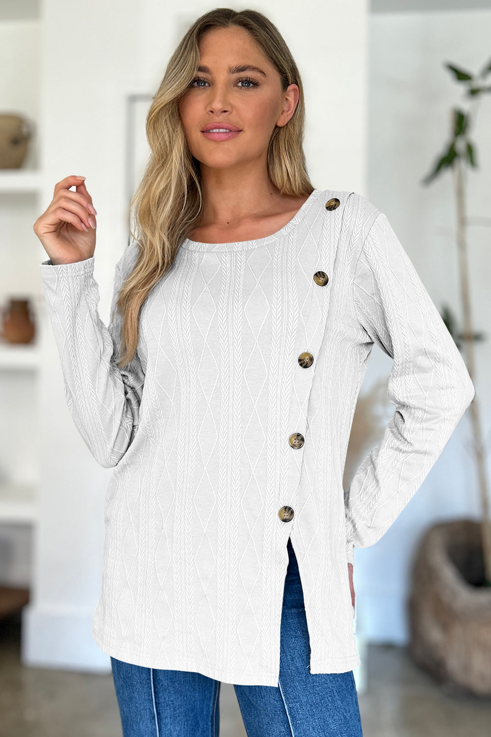 Slit Round Neck Long Sleeve T-Shirt