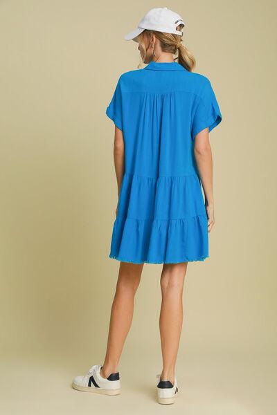 Umgee Full Size Raw Hem Folded Sleeve Tiered Dress Plus Size