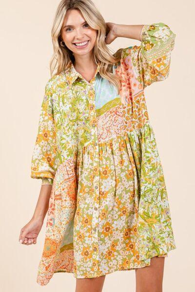 Mittoshop Floral Button Detail Long Sleeve Shirt Dress GREEN TEA