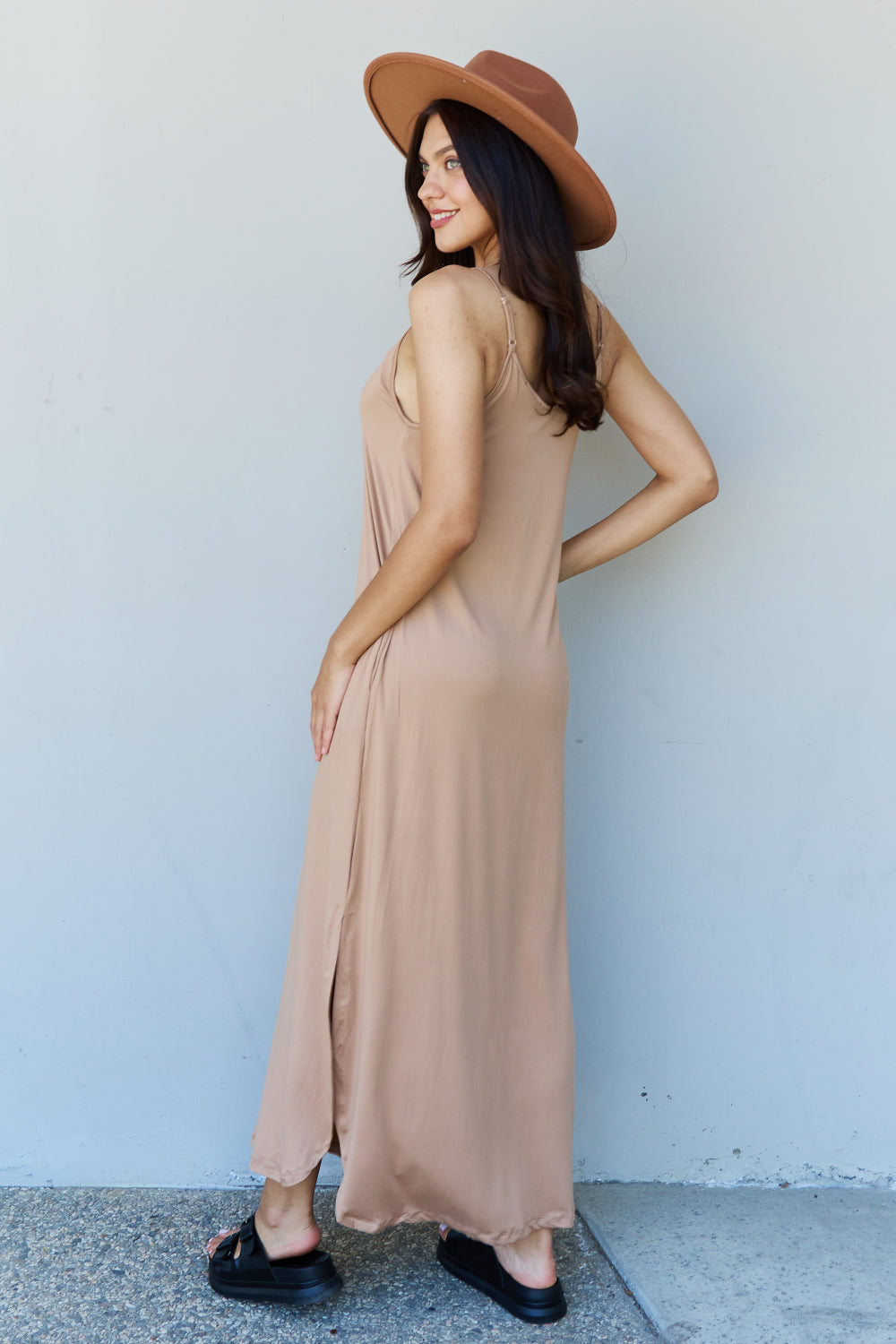 Ninexis Good Energy Full Size Cami Side Slit Maxi Dress in Camel