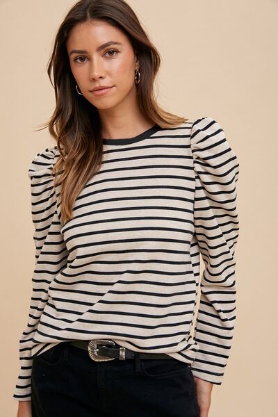 Annie Wear Striped Round Neck Puff Sleeve French Terry Top Black