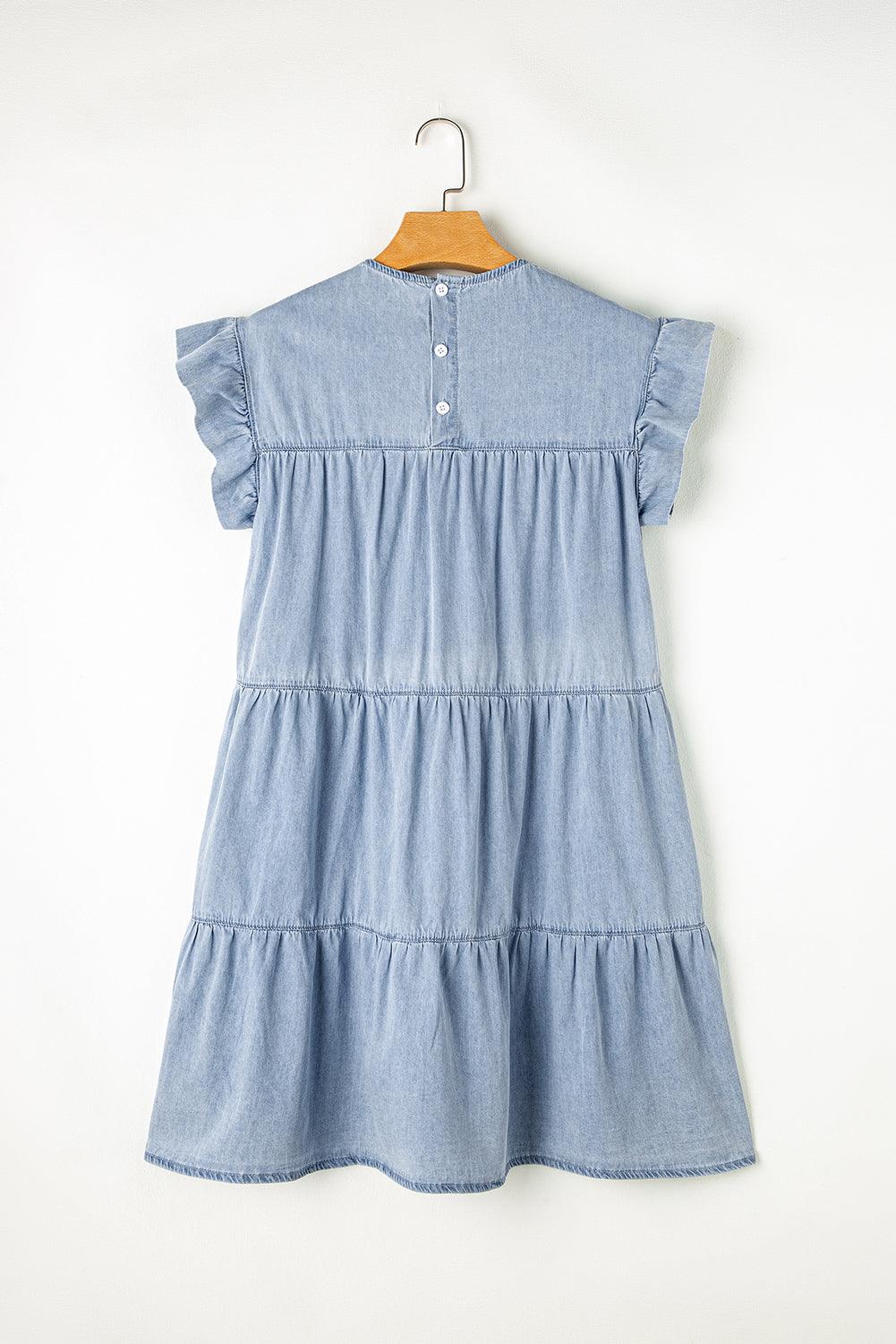 Ruffled Round Neck Cap Sleeve Denim Dress