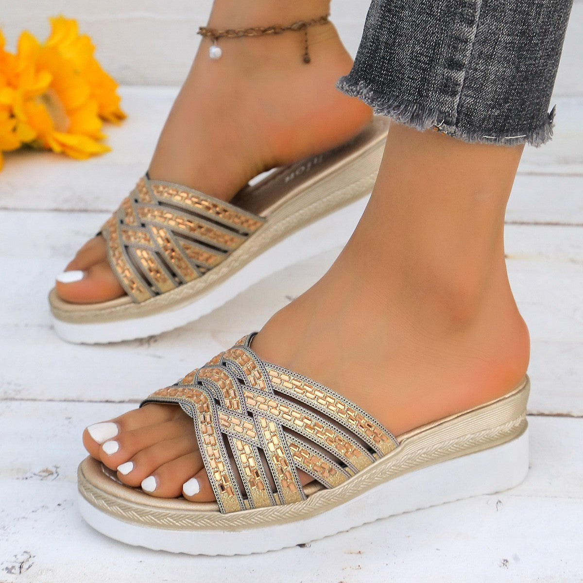 Rhinestone Open Toe Wedge Sandals