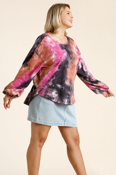 Umgee Full Size Tie Dye Round Neck Long Balloon Sleeve Top Plus Size