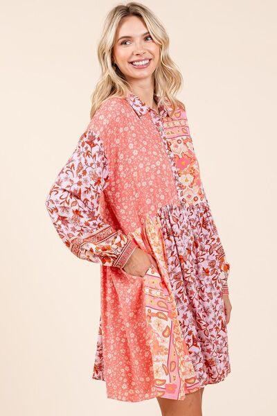 Mittoshop Floral Button Detail Long Sleeve Shirt Dress