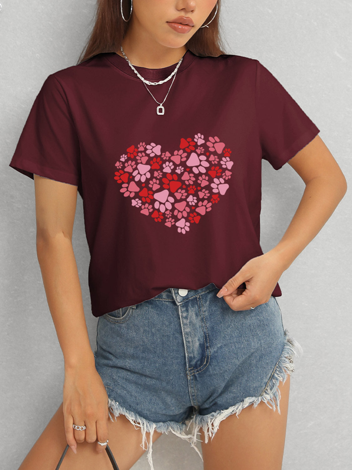 Heart Round Neck Short Sleeve T-Shirt