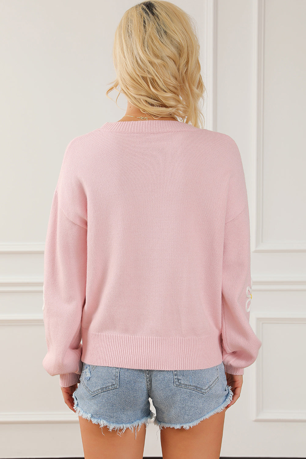 Flower Round Neck Dropped Shoulder Sweater