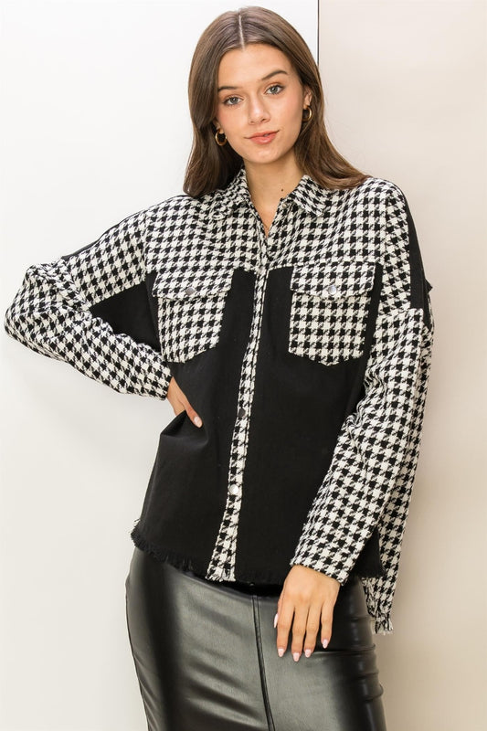 HYFVE Houndstooth Contrast Raw Hem Jacket Black