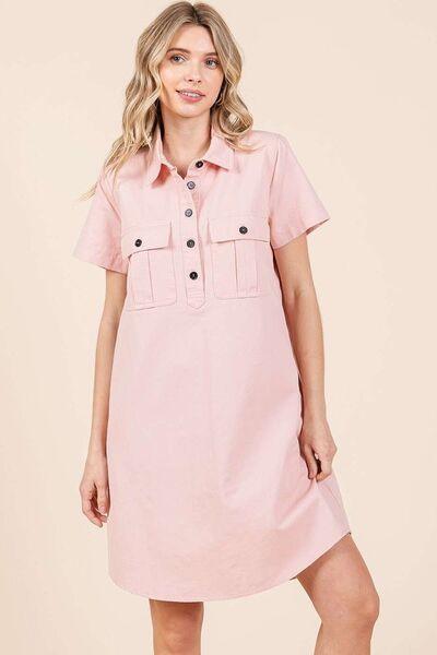 Mittoshop Button Detail Collared Neck Short Sleeve Shirt Dress