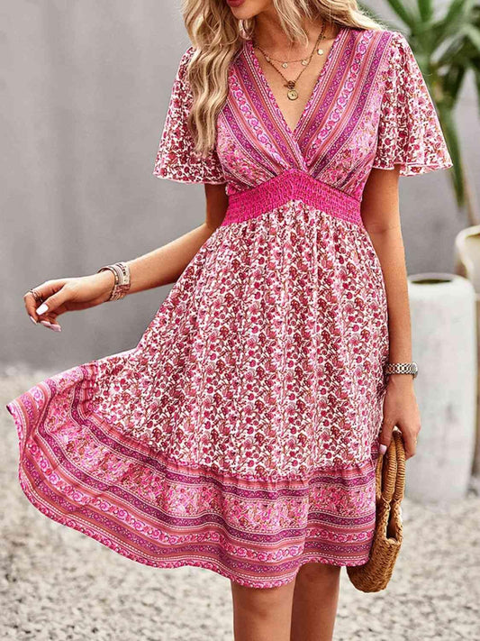 Devine Floral Smocked Waist Short Sleeve Mini Dress Hot Pink