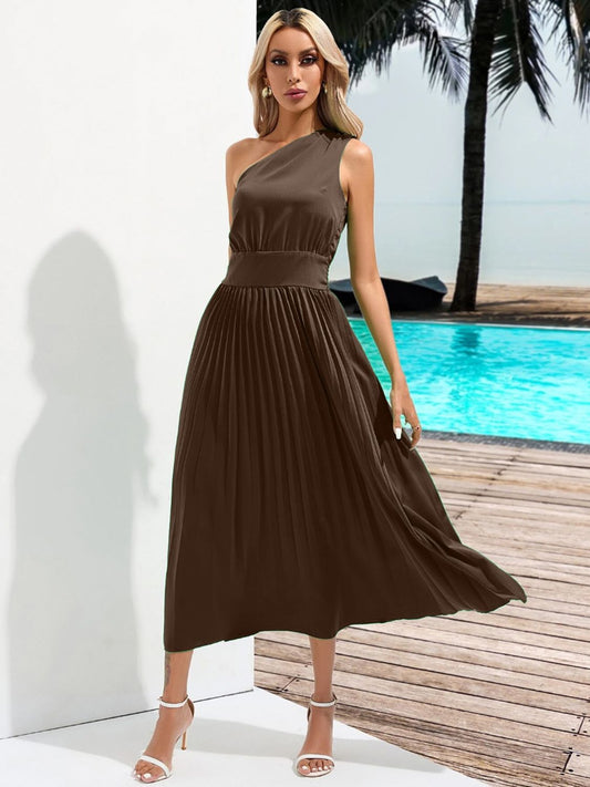 One Shoulder Sleeveless Midi Dress Brown