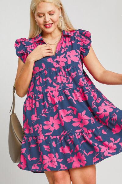 Umgee Full Size Floral Print Ruffle Cap Sleeve Tiered Dress Plus Size