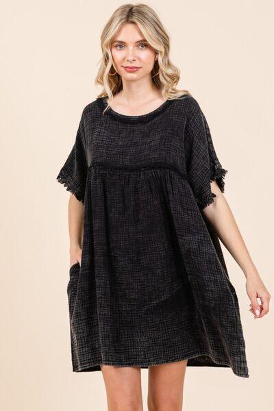 Culture Code Full Size Short Sleeve Babydoll Texture Dress with Pockets Black