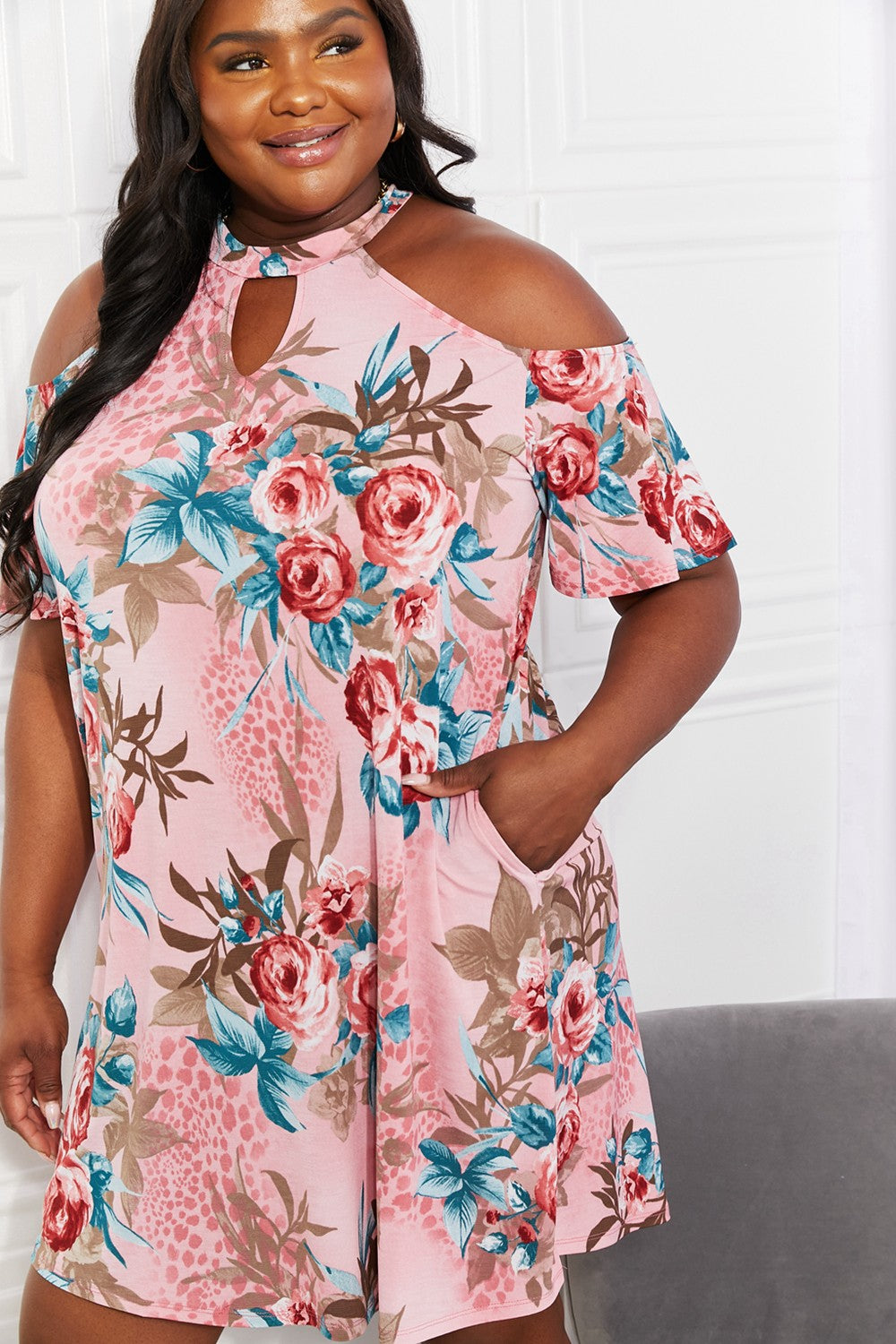 Sew In Love Full Size Fresh-Cut Flowers Cold-Shoulder Dress