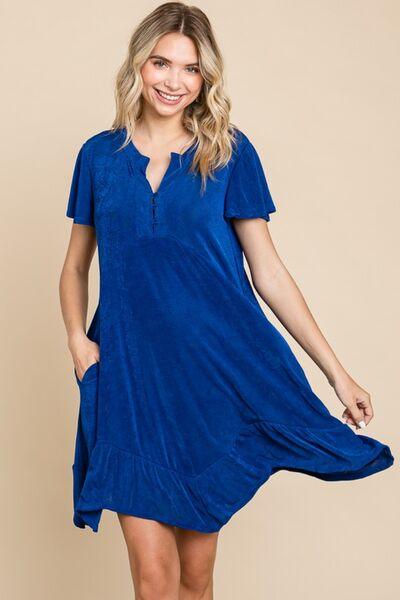 Culture Code Full Size Short Sleeve Ruffled Asymmetric Hem Dress Royal