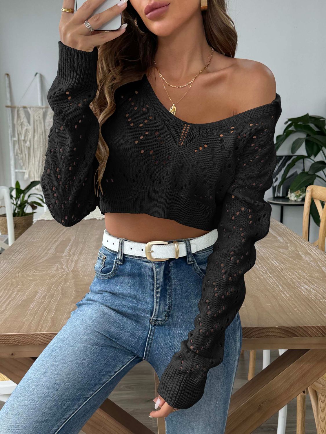 Openwork Collared Neck Long Sleeve Knit Top