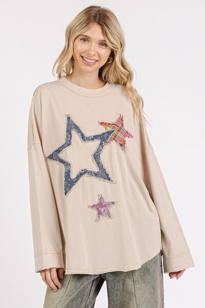 Mittoshop Mineral Wash Star Patch Long Sleeve T-Shirt Dust Storm