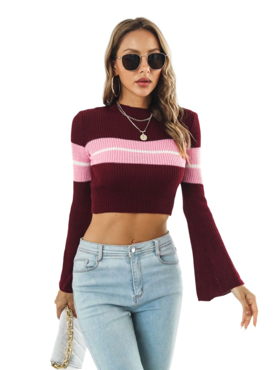 Ribbed Color Block Round Neck Cropped Sweater