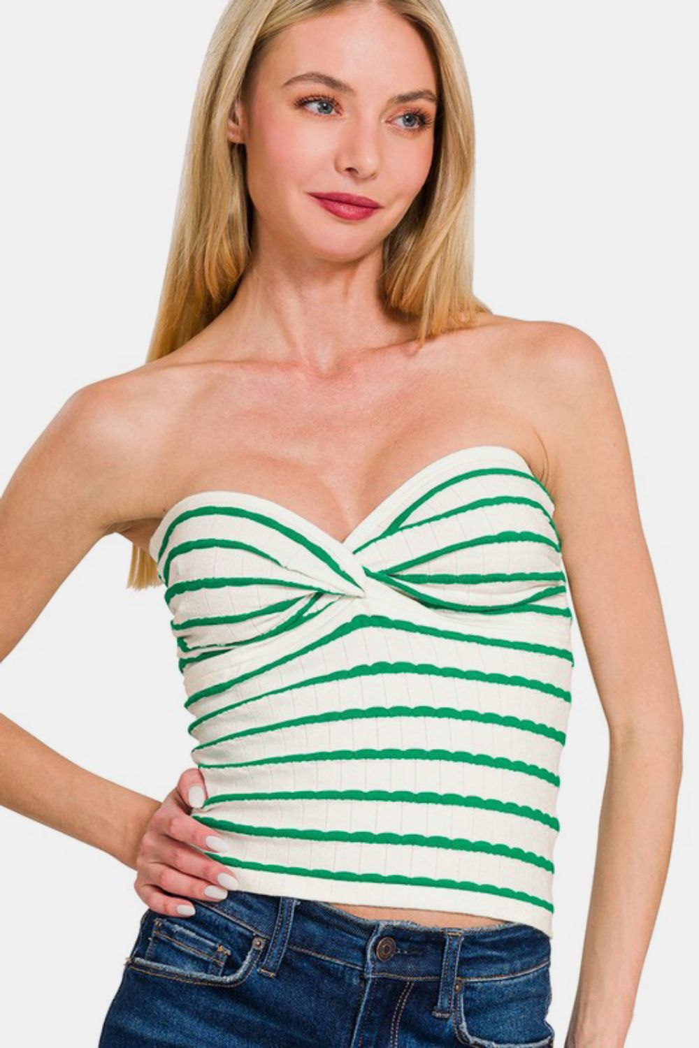 Zenana Twisted Sweetheart Neck Striped Tube Top Green